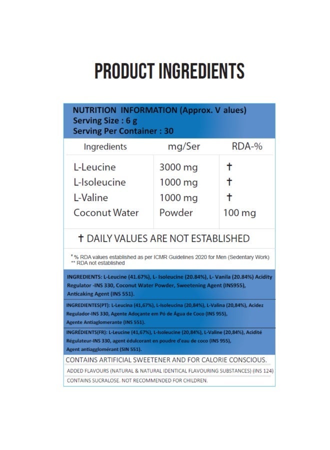 تيتانكور تايتان كور BCAA – أحماض أمينية للاستخدام أثناء التمرين لزيادة التعافي والتحمّل والترطيب – نكهة بلو راسبيري – 180 غرام - Image 2